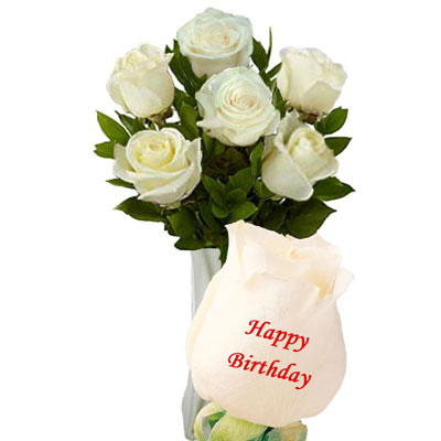 "Talking Roses (Print on Rose) (6 White Roses) Happy Birthday - Click here to View more details about this Product